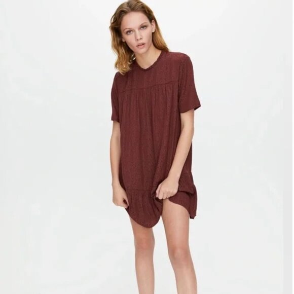 Aritzia Little Moon Campari Ruffle Dress Truffle Maroon Burgundy Size Small - Picture 4 of 10